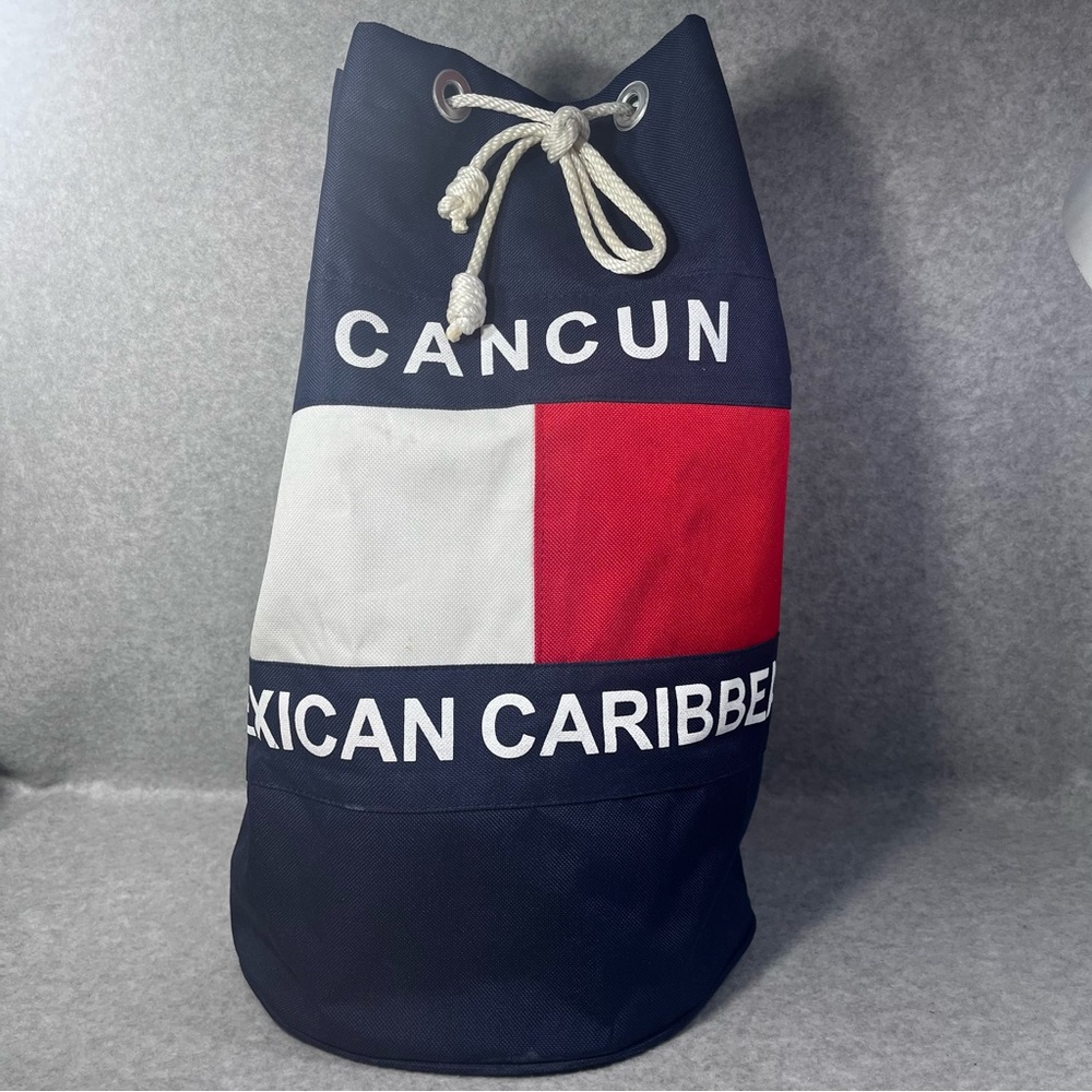 Vtg Cancun Large Swim Beach Bag Backpack Shoulder Zip Strap Red Blue Drawstring